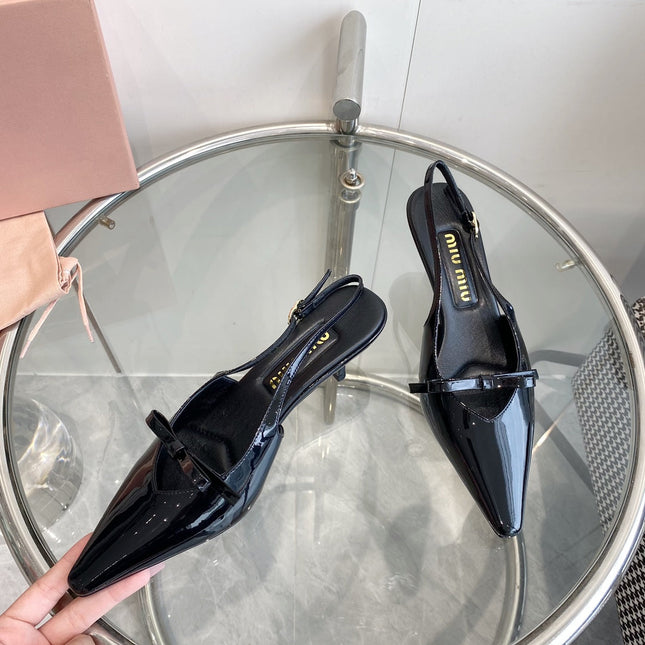 HIGH-SLINGBACK POINTED TOE SANDALS BLACK COWHIDE WITH BOW