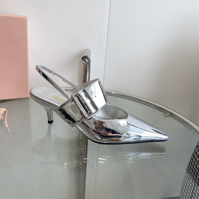 HIGH-SLINGBACK POINTED TOE SANDALS SILVER COWHIDE