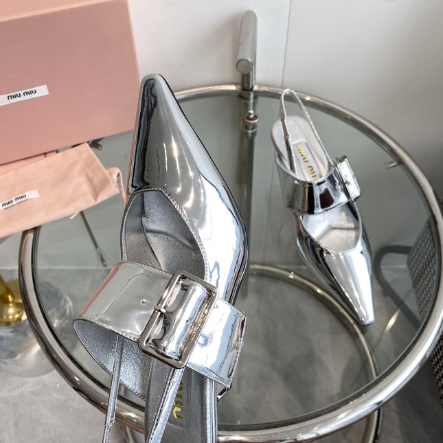 HIGH-SLINGBACK POINTED TOE SANDALS SILVER COWHIDE