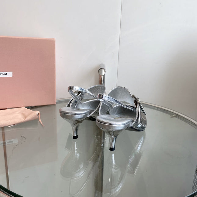 HIGH-SLINGBACK POINTED TOE SANDALS SILVER COWHIDE