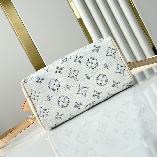 SPEEDY BANDOULIÈRE 20 IN WHITE MONOGRAM JACQUARD FABRIC AND BEIGE CALFSKIN TRIM