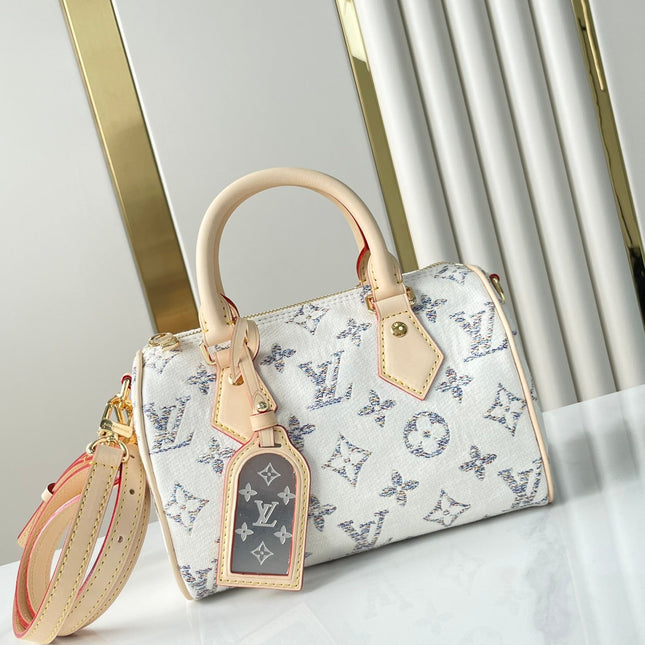 SPEEDY BANDOULIÈRE 20 IN WHITE MONOGRAM JACQUARD FABRIC AND BEIGE CALFSKIN TRIM