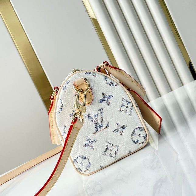 SPEEDY BANDOULIÈRE 20 IN WHITE MONOGRAM JACQUARD FABRIC AND BEIGE CALFSKIN TRIM