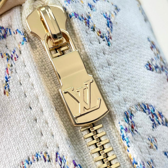 SPEEDY BANDOULIÈRE 20 IN WHITE MONOGRAM JACQUARD FABRIC AND BEIGE CALFSKIN TRIM