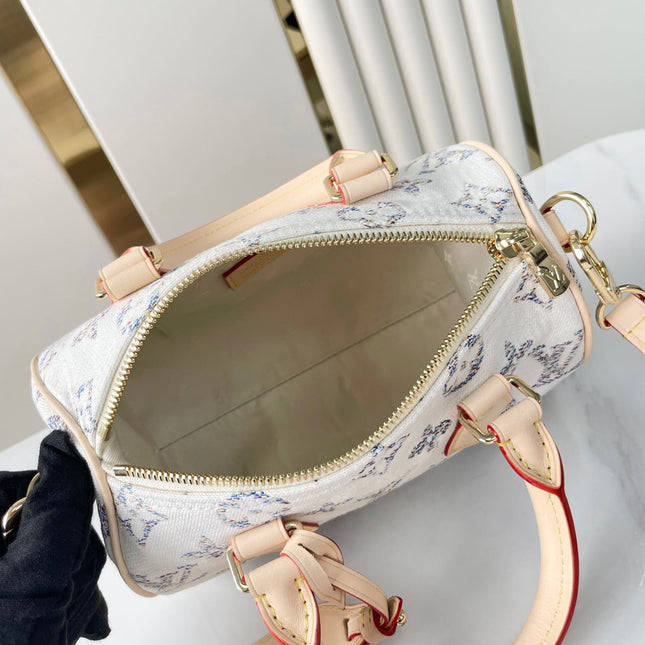 SPEEDY BANDOULIÈRE 20 IN WHITE MONOGRAM JACQUARD FABRIC AND BEIGE CALFSKIN TRIM