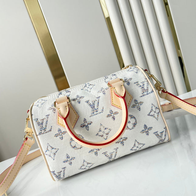 SPEEDY BANDOULIÈRE 20 IN WHITE MONOGRAM JACQUARD FABRIC AND BEIGE CALFSKIN TRIM