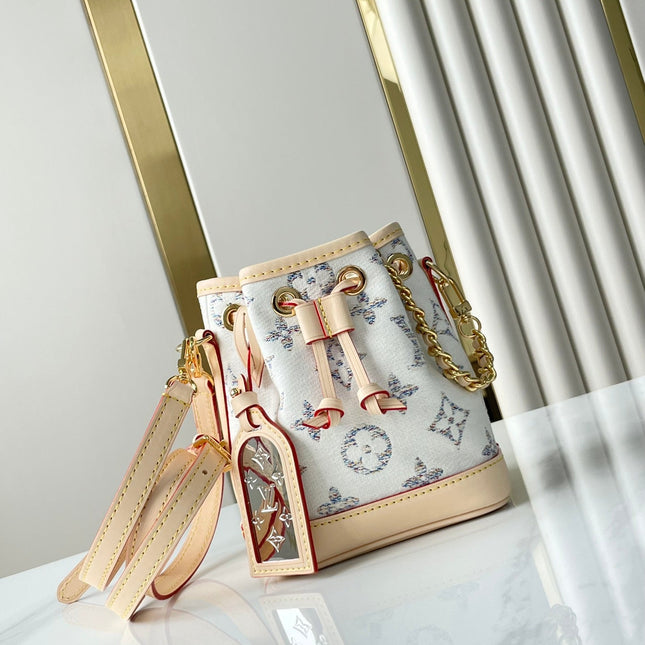 NANO NOÉ 16 IN WHITE MONOGRAM JACQUARD FABRIC AND BEIGE CALFSKIN TRIM