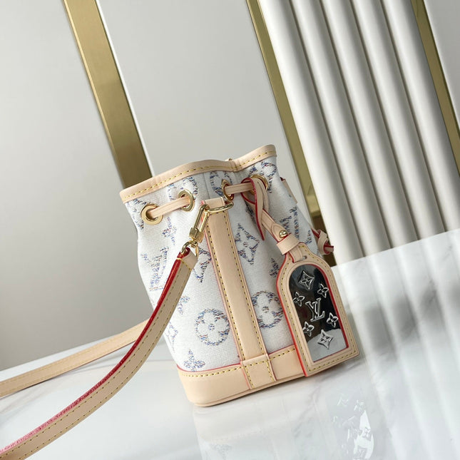 NANO NOÉ 16 IN WHITE MONOGRAM JACQUARD FABRIC AND BEIGE CALFSKIN TRIM