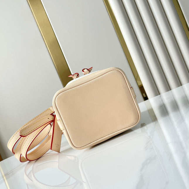 NANO NOÉ 16 IN WHITE MONOGRAM JACQUARD FABRIC AND BEIGE CALFSKIN TRIM