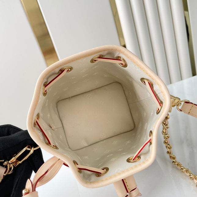 NANO NOÉ 16 IN WHITE MONOGRAM JACQUARD FABRIC AND BEIGE CALFSKIN TRIM