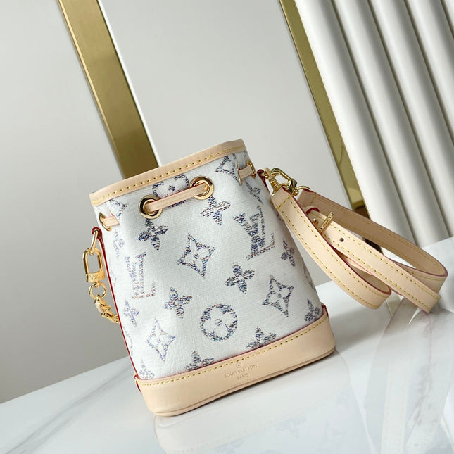 NANO NOÉ 16 IN WHITE MONOGRAM JACQUARD FABRIC AND BEIGE CALFSKIN TRIM