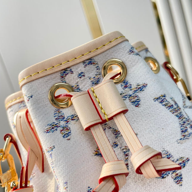 NANO NOÉ 16 IN WHITE MONOGRAM JACQUARD FABRIC AND BEIGE CALFSKIN TRIM