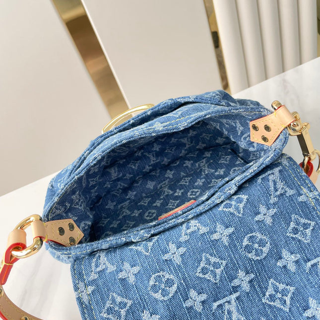 SUNSET 27 IN BLUE MONOGRAM DENIM GOLD BUCKLE