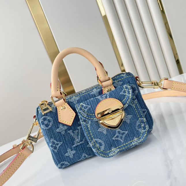 NANO SPEEDY 16 IN BLUE MONOGRAM DENIM GOLD HARDWARE