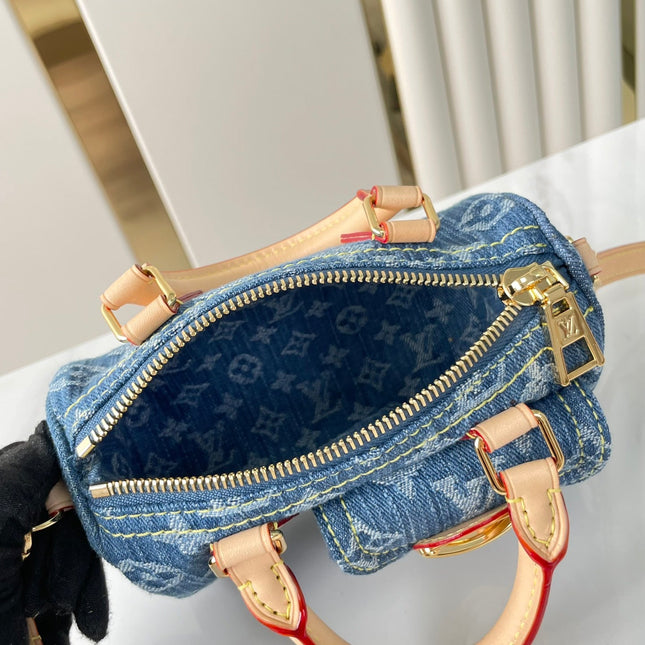 NANO SPEEDY 16 IN BLUE MONOGRAM DENIM GOLD HARDWARE