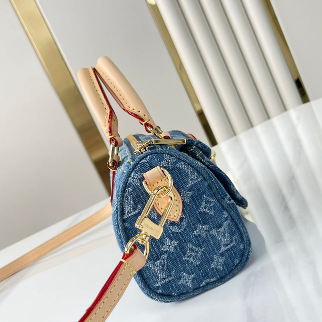 NANO SPEEDY 16 IN BLUE MONOGRAM DENIM GOLD HARDWARE