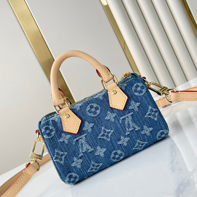 NANO SPEEDY 16 IN BLUE MONOGRAM DENIM GOLD HARDWARE