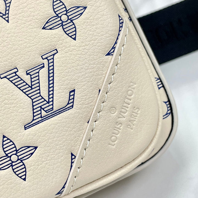 TRIO MESSENGER 25 IN CREAM BLUE MONOGRAM SHADOW CALFSKIN