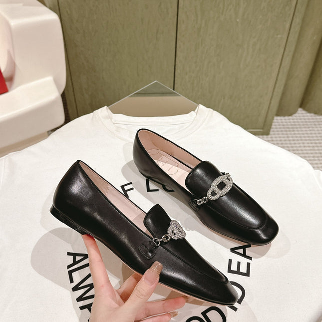 STRASS CHAIN LOAFERS IN BLACK CALFSKIN WITH CRYSTAL CHAIN DETAIL