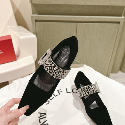 MARY JANES IN BLACK VELVET WITH CRYSTAL EMBELLISHED STRAP