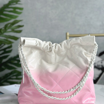 CHANEL 22 BAG 25S 42 CM IN PASTEL PINK MIX WHITE LAMBSKIN WITH WHITE HARDWARE