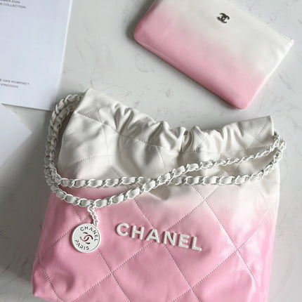 CHANEL 22 BAG 25S 37 CM IN PASTEL PINK MIX WHITE LAMBSKIN WITH WHITE HARDWARE