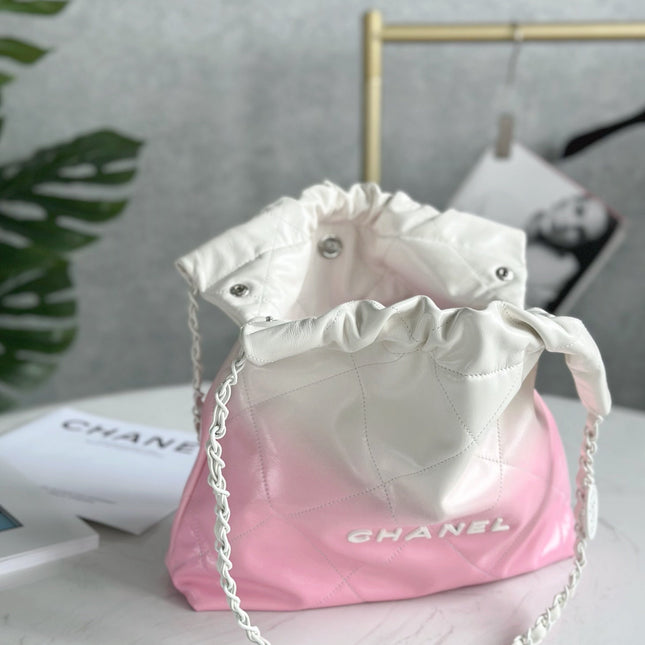 CHANEL 22 BAG 25S 37 CM IN PASTEL PINK MIX WHITE LAMBSKIN WITH WHITE HARDWARE