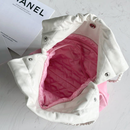 CHANEL 22 BAG 25S 37 CM IN PASTEL PINK MIX WHITE LAMBSKIN WITH WHITE HARDWARE