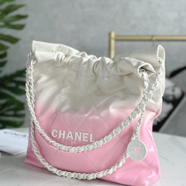 CHANEL 22 BAG 25S 42 CM IN PASTEL PINK MIX WHITE LAMBSKIN WITH WHITE HARDWARE