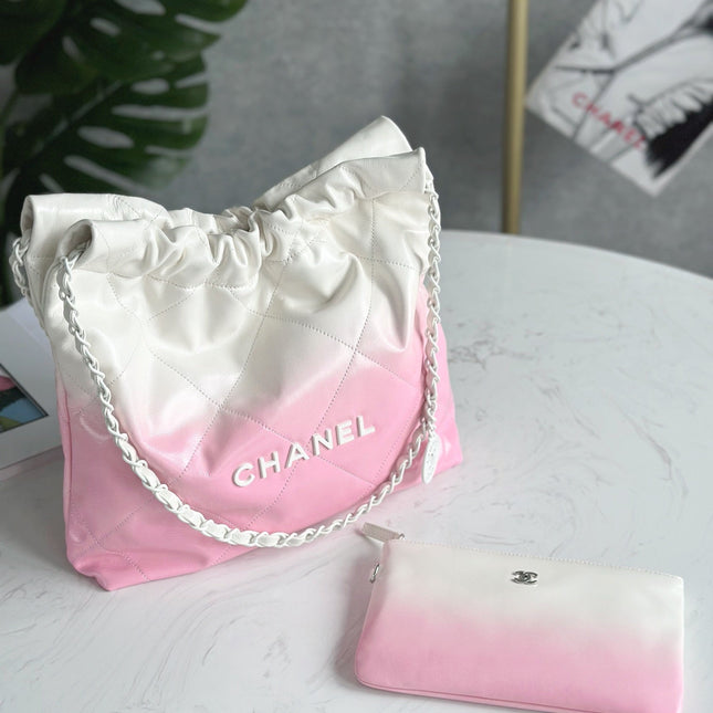CHANEL 22 BAG 25S 42 CM IN PASTEL PINK MIX WHITE LAMBSKIN WITH WHITE HARDWARE