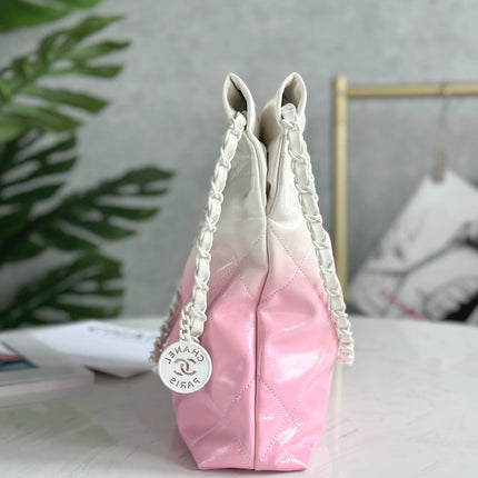 CHANEL 22 BAG 25S 42 CM IN PASTEL PINK MIX WHITE LAMBSKIN WITH WHITE HARDWARE