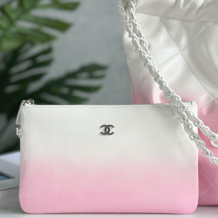 CHANEL 22 BAG 25S 37 CM IN PASTEL PINK MIX WHITE LAMBSKIN WITH WHITE HARDWARE