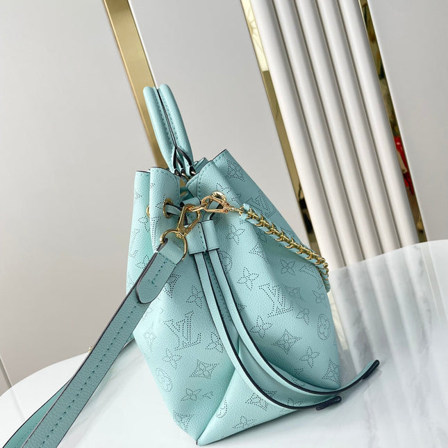 BELLA TOTE 32 IN SKY BLUE MONOGRAM PERFORATED CALFSKIN GOLD HARDWARE