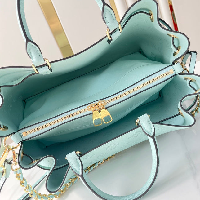 BELLA TOTE 32 IN SKY BLUE MONOGRAM PERFORATED CALFSKIN GOLD HARDWARE