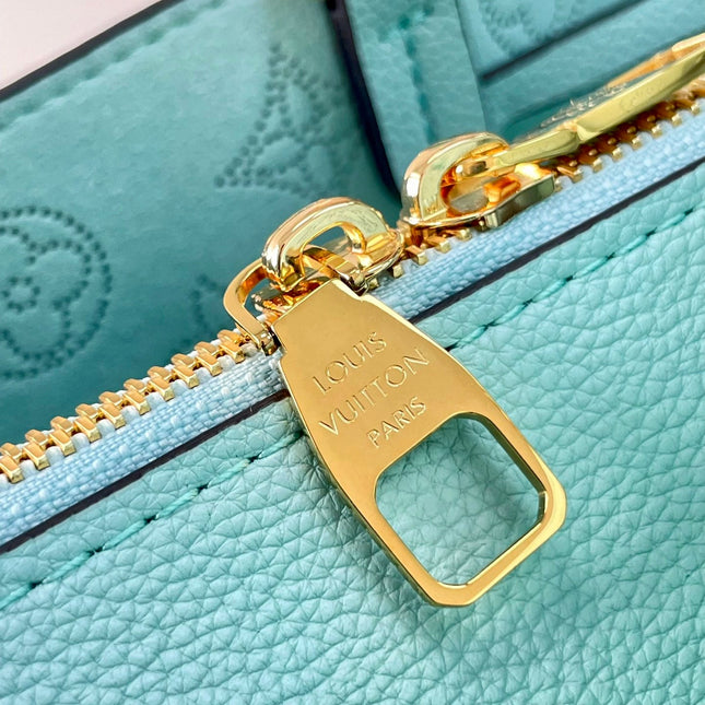 BELLA TOTE 32 IN SKY BLUE MONOGRAM PERFORATED CALFSKIN GOLD HARDWARE