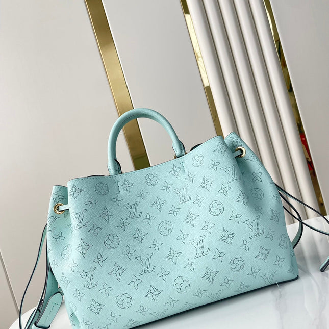 BELLA TOTE 32 IN SKY BLUE MONOGRAM PERFORATED CALFSKIN GOLD HARDWARE