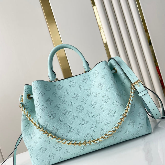 BELLA TOTE 32 IN SKY BLUE MONOGRAM PERFORATED CALFSKIN GOLD HARDWARE