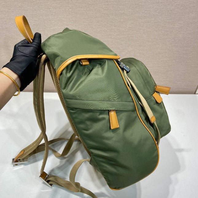 BACKPACK 45 IN SEAWEED GREEN RE-NYLON AND BROWN CALFSKIN TRIM
