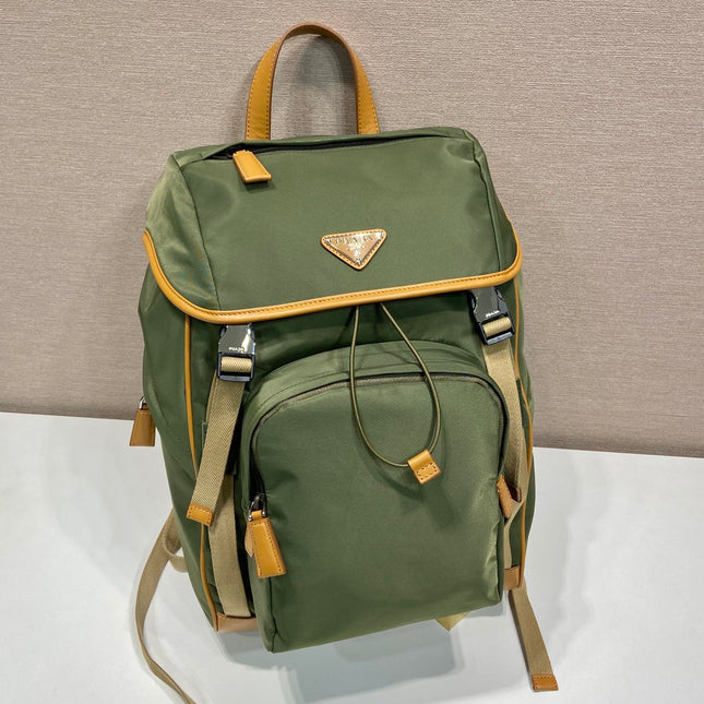 BACKPACK 45 IN SEAWEED GREEN RE-NYLON AND BROWN CALFSKIN TRIM