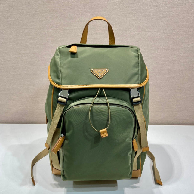 BACKPACK 45 IN SEAWEED GREEN RE-NYLON AND BROWN CALFSKIN TRIM