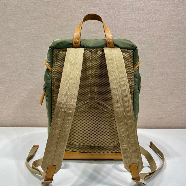 BACKPACK 45 IN SEAWEED GREEN RE-NYLON AND BROWN CALFSKIN TRIM
