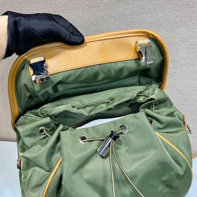 BACKPACK 45 IN SEAWEED GREEN RE-NYLON AND BROWN CALFSKIN TRIM