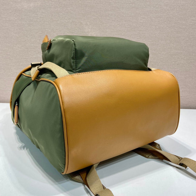 BACKPACK 45 IN SEAWEED GREEN RE-NYLON AND BROWN CALFSKIN TRIM