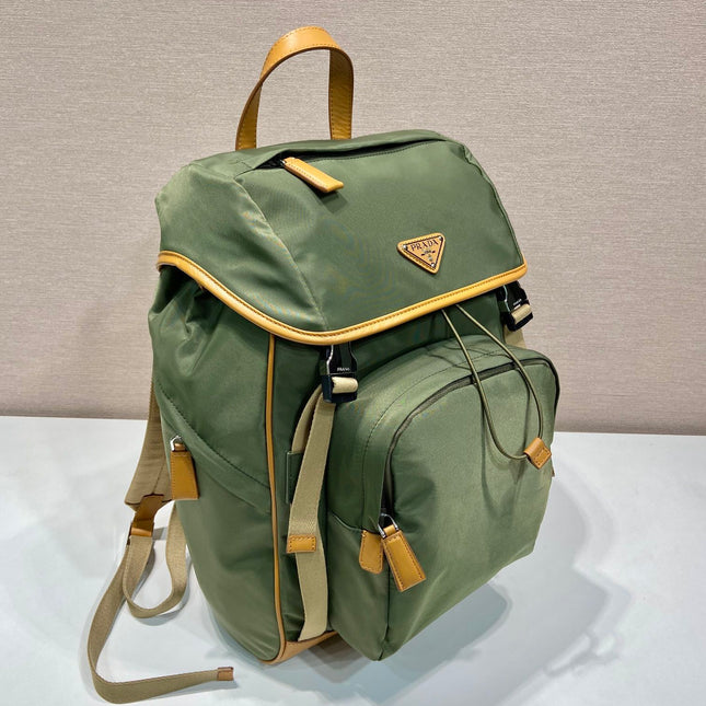 BACKPACK 45 IN SEAWEED GREEN RE-NYLON AND BROWN CALFSKIN TRIM