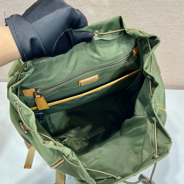 BACKPACK 45 IN SEAWEED GREEN RE-NYLON AND BROWN CALFSKIN TRIM
