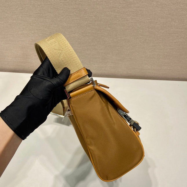 SMALL FLAP BAG 20 IN CIDER BROWN RE-NYLON AND CALFSKIN TRIM