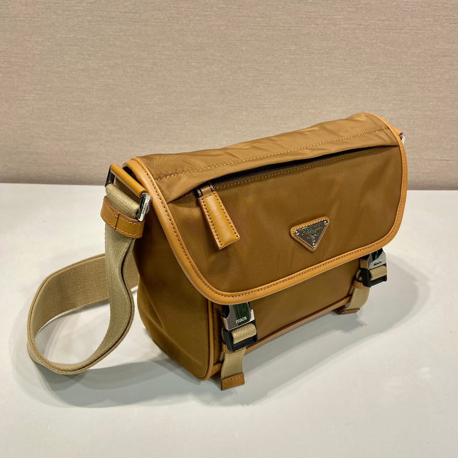 SMALL FLAP BAG 20 IN CIDER BROWN RE-NYLON AND CALFSKIN TRIM
