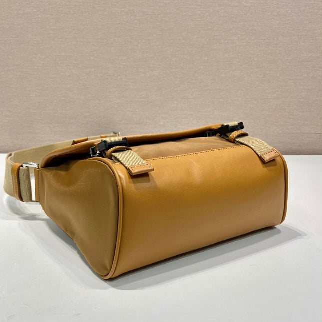 SMALL FLAP BAG 20 IN CIDER BROWN RE-NYLON AND CALFSKIN TRIM