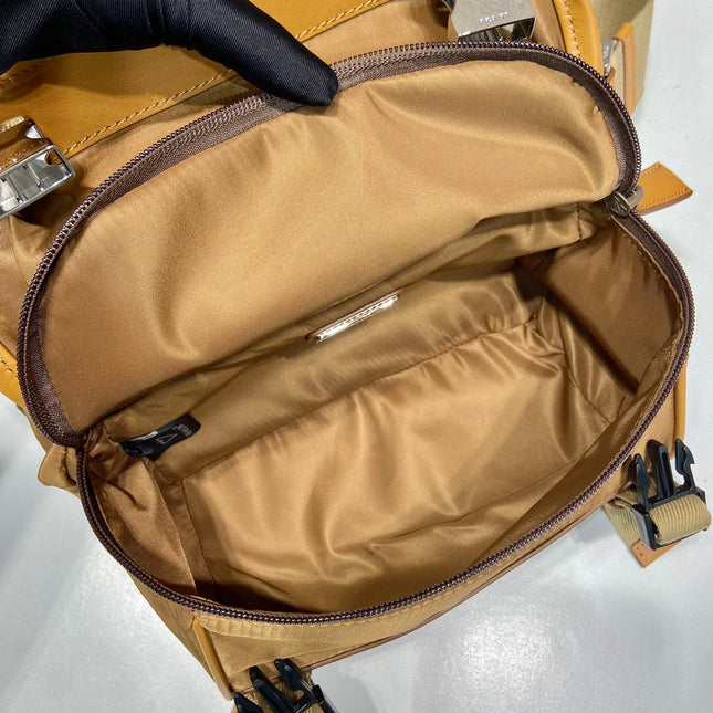 MESSENGER BAG 20 IN CIDER BROWN RE-NYLON AND CALFSKIN TRIM