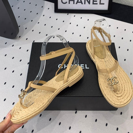 Double CC Vintage straw sandals replica designer shoe Tan sheepskin